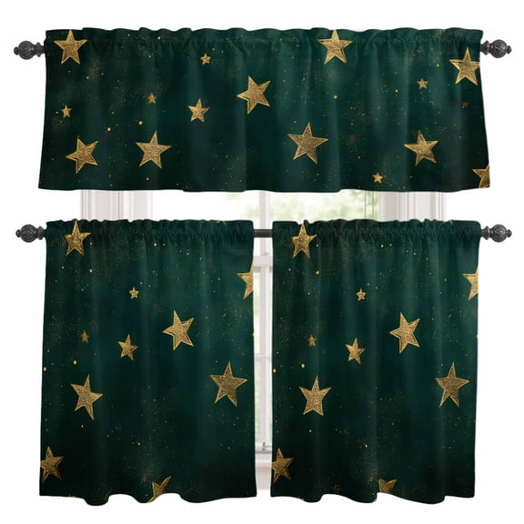 Teal Stars Kitchen Curtains Sets for Windows 24 Inch Length, Elegant Art Sky Star Rod Pocket Window Treatments Tier Curtains and Valances Set for Bedroom/Bathroom
