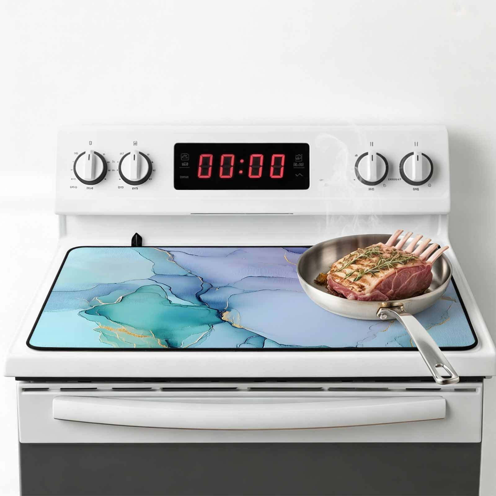 Teal Stove Top Cover for Electric Stove, Heat-proof & Non Slip Glass Top Stove Cover Protector, Abstract Modern Marble Ink Painting Art Kitchen Flat Cooktop Rubber Mat 24x21 Inches