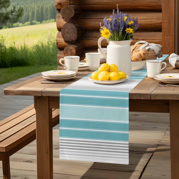 Teal Stripe Gray Line Table Runner 72 Inch Long Minimalist Style Table Runners Linen Burlap Tablerunner for Kitchen Dining Room Holiday Party