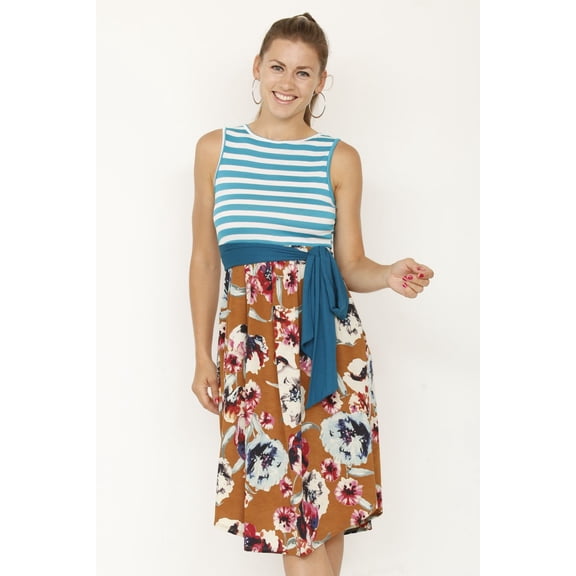 Teal Stripe Mocha Floral Midi Dress with Sash