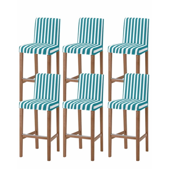 Teal Striped Bar Stool Covers Set of 6, Simple Art Vertical Stripe Farmhouse Stretch Washable Bar Chair Covers with Backs, Removable Pub Counter Height Chair Cover for Kitchen Dining Room Cafe