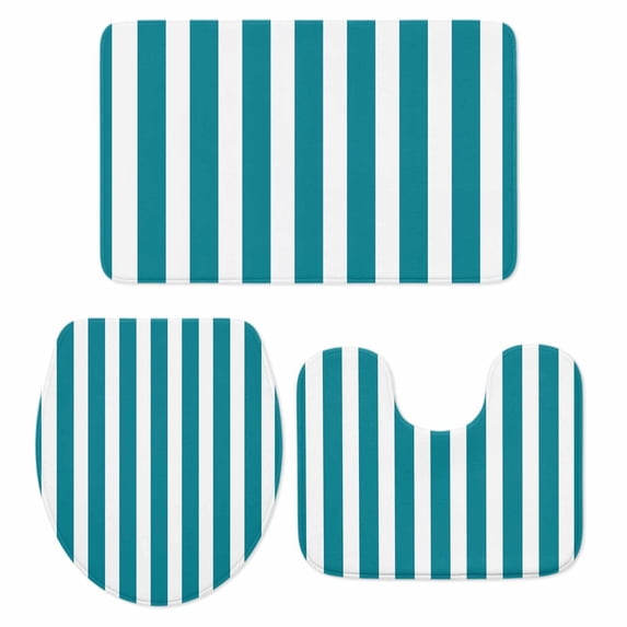 Teal Striped Bath Mat 3 Piece Bathroom Rug Set, Simple Art Vertical Stripe Farmhouse Non Slip Bath Rug Contour Mat and Toilet Lid Cover, Absorbent Shower Mats Soft Bath Rugs and Mats Sets