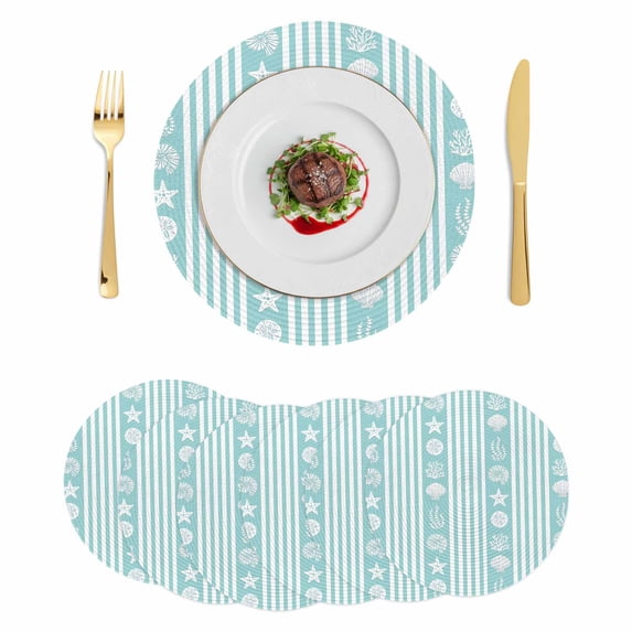Teal Striped Coastal Round 13 Inch Placemats Set of 6, Nautical Beach Starfish Shell HeatResistant Non Slip Place Mats for Dining Table, Wipeable Braided Kitchen Table Mats for Housewarming