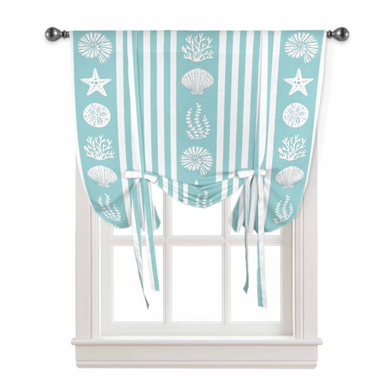 Teal Striped Coastal Tie Up Curtains for Kitchen Bathroom Bedroom Windows 45 Inch Length, Nautical Beach Starfish Shell Balloon Drape Curtains Shade Rod Pocket Drapery Curtain Panel, 42"x45"
