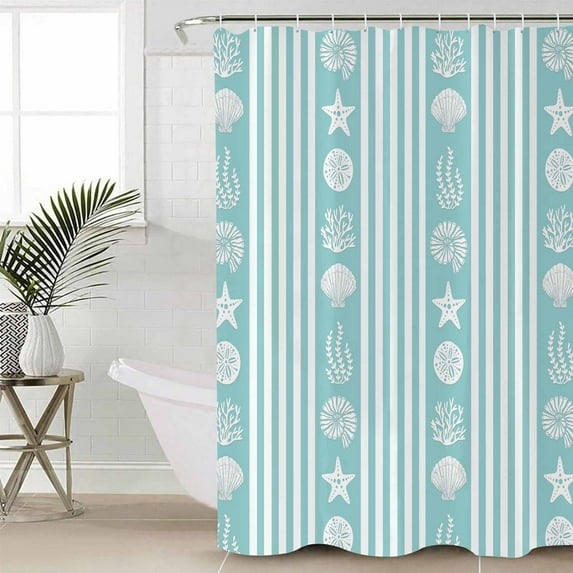Teal Striped Coastal Waterproof Fabric Shower Curtain, Nautical Beach Starfish Shell Shower Curtain for Bathroom Curtains Bathtubs Hotel Washable Shower Curtains with 12 Hooks Small 36x72in