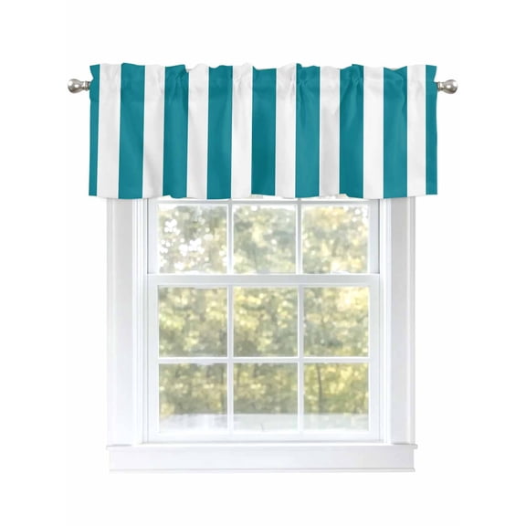 Teal Striped Curtain Valances for Windows, Simple Art Vertical Stripe Farmhouse Kitchen Valance Window Treatment, Light Filtering Block Curtains for Bathroom/Bedroom/Living Room 42'' x 12''
