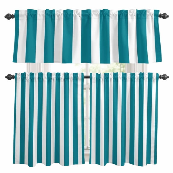 Teal Striped Kitchen Curtains, Kitchen Curtains and Valances Set of 3, Simple Art Vertical Stripe Farmhouse Light Filtering Tailored Tier Curtain 24 Inch Length Drapes for Cafe Sink Bedroom