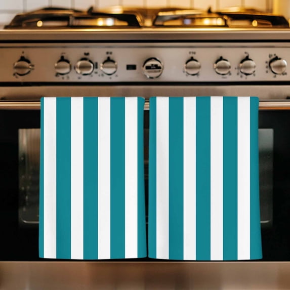 Teal Striped Kitchen Towels Set of 3, Simple Art Vertical Stripe Farmhouse Absorbent Dish Towels for Kitchen, Microfiber Hand Towel, Quick Drying Tea Towel for Cleaning Decorative Dishcloths