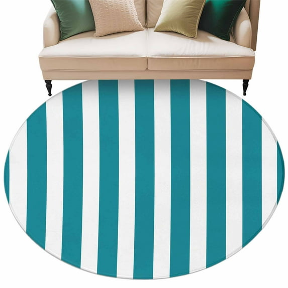 Teal Striped Large Area Rugs for Bedroom Living Room, Soft Non Slip Carpet Bedside Rug, Simple Art Vertical Stripe Farmhouse Round Floor Cover Kitchen Accent Rug 8' for Dining Room/Office