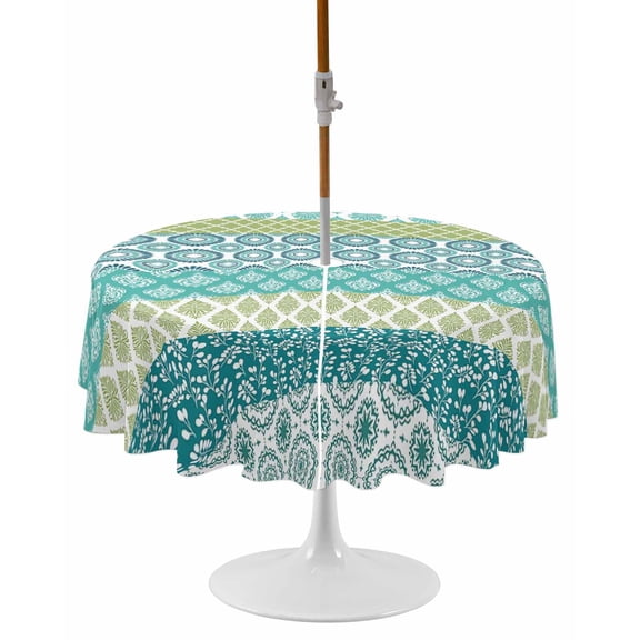 Teal Striped Round Outdoor Tablecloth, Waterproof Table Cloth Cover with Umbrella Hole and Zipper, Boho Modern Geometric Abstract Art Ethnic Table Protector for Patio Party Picnic 54" Round