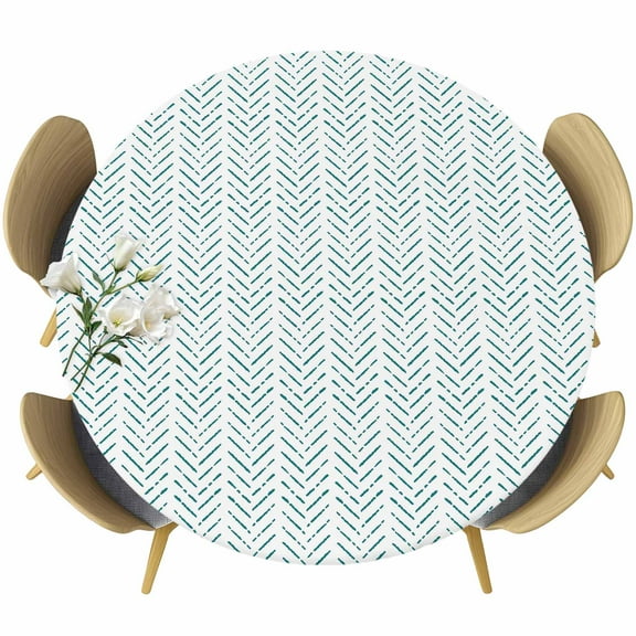 Teal Striped Round Tablecloth 45-54 Inch Round Fitted Table Cloth with Elastic Edge, Modern Abstract Art Geometric Waterproof Table Cover Protector for Outdoor Picnic Party Dining