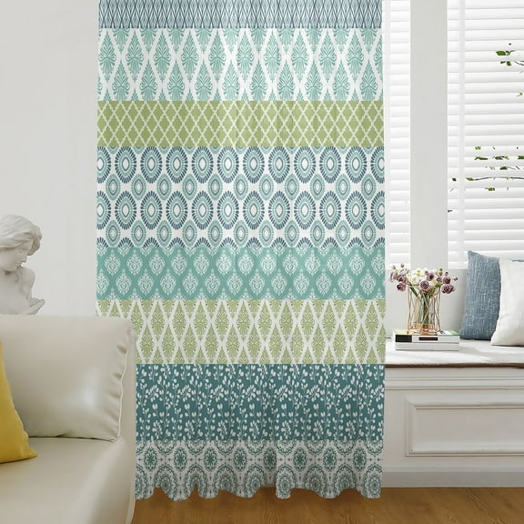 Teal Striped Semi Sheer Curtains Drapes for Living Room, Bedroom, French Doors Window 45 Inches Long, Boho Modern Geometric Abstract Art Ethnic Rod Pocket Chiffon Curtain Drapery Voile Drape Panel