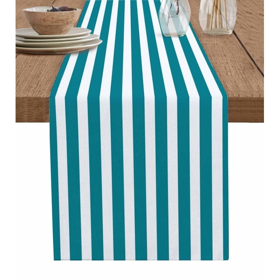 Teal Striped Table Runner Cotton Linen 120 Inch Holiday Dresser Scarves, Simple Art Vertical Stripe Farmhouse Tablerunner for Kitchen Coffee Dining Bedroom Living Room Dinner Scarf Décor 13''x120''