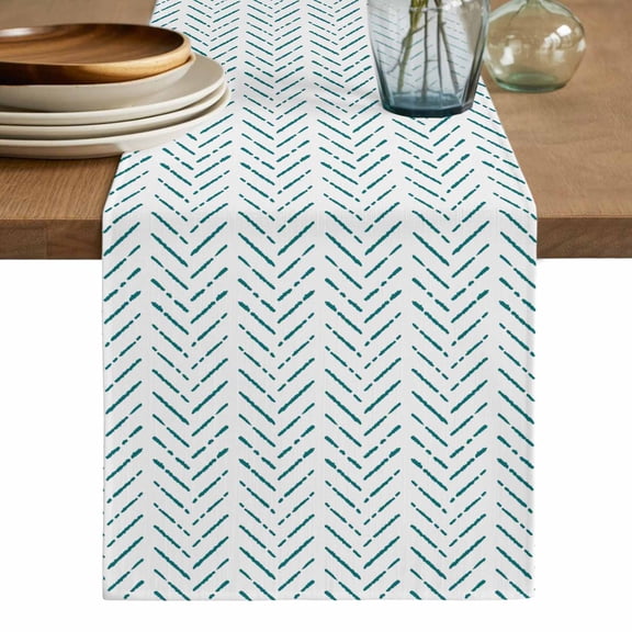 Teal Striped Table Runner, Modern Abstract Art Geometric Washable Cotton Linen Table Runners 36 Inches Long, Dresser Scarf Runner for Nightstand/End Tables/Round Tables 13''x36''