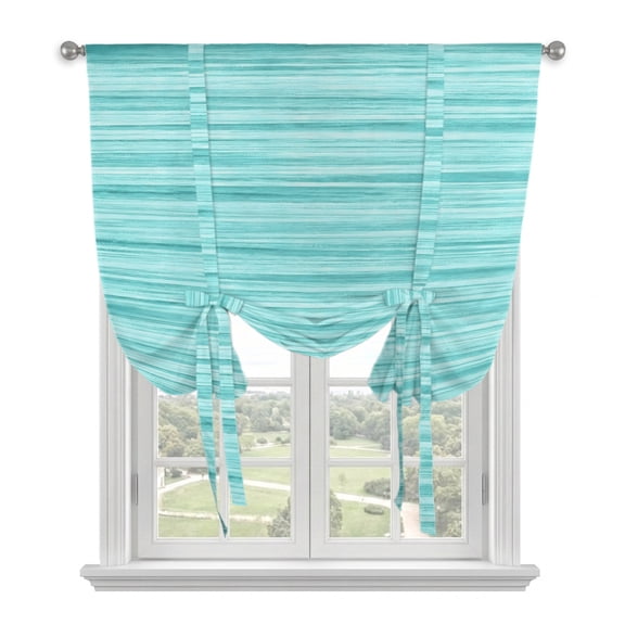 Teal Striped Tie Up Balloon Window Curtain 42W x 54L Inch, Boho Turquoise Blue Lines Linen Texture Rustic Nautical Rod Pocket Adjustable Tie Up Curtains Small Kitchen Sink Curtains for Cafe Bedroom