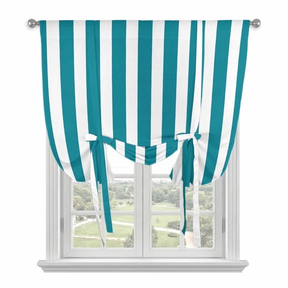 Teal Striped Tie Up Curtains for Small Windows,Adjustable Rod Pocket Valance 45 Inch Short, Simple Art Vertical Stripe Farmhouse Window Treatment Balloon Roman Blind Shade, 34" x 45"