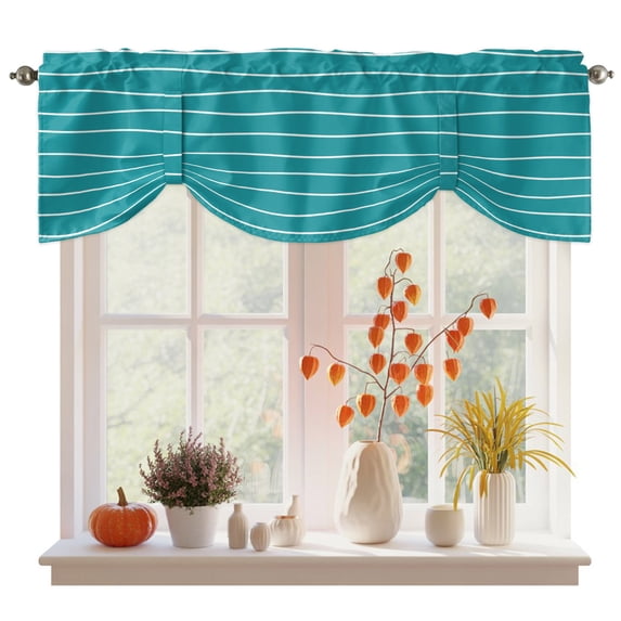 Teal Striped Tie Up Valance Curtains for Windows, Kitchen Curtains Window Treatments, Modern Minimalist Boho Horizontal Stripes Short Window Shades Valances for Bedroom Bathroom Cafe 42"x18"