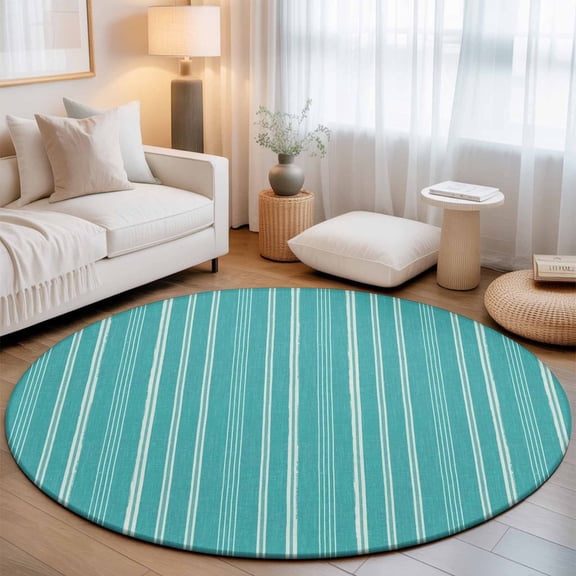 Teal Striped Washable Round Area Rug 4 ft, Minimalism Stripes Modern Vintage Farmhouse Abstract Soft Non Slip Rugs Stain Repellent Indoor Felt Carpet for Living Dining Room Bedroom Home Office