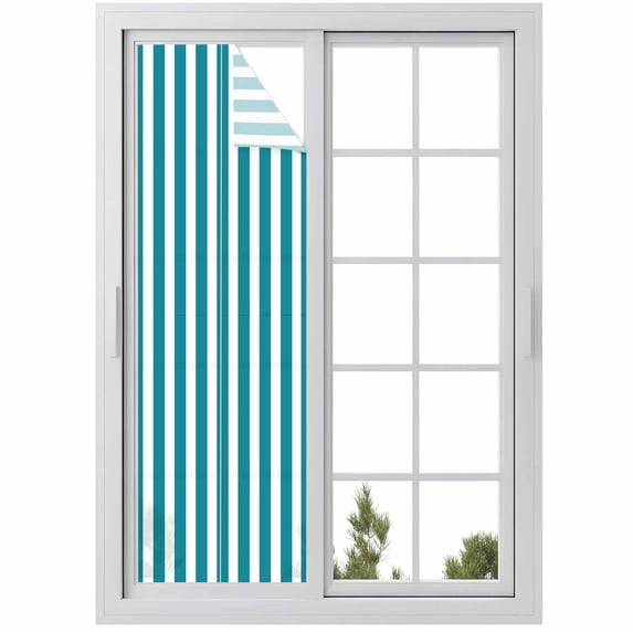 Teal Striped Window Privacy Film, Simple Art Vertical Stripe Farmhouse Static Cling UV Sun Blocking Heat Control Window Tint Day and Night, Non-Adhesive One Way Windows Privacy Cover 17.7''x78.7''