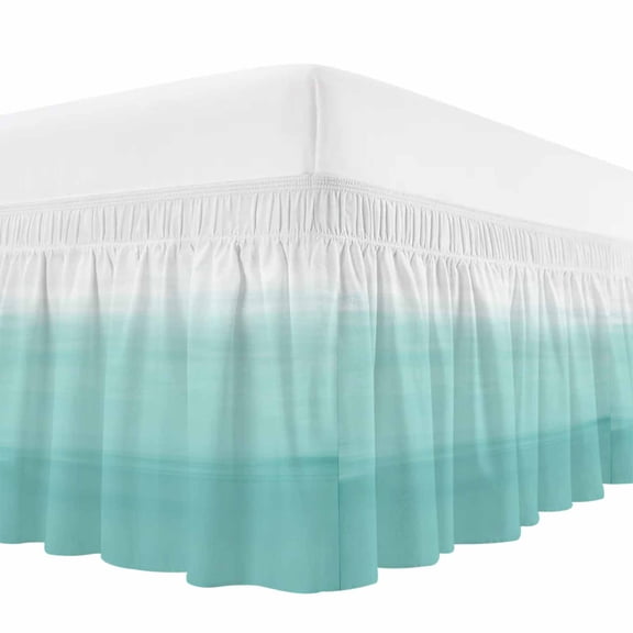 Teal Stripes Bed Skirt Bed Skirts Queen Size 16 Inch Drop, Abstract Modern Teal White Gradient Wrap Around Dust Ruffle Bedskirt with Adjustable Elastic Belt for Queen Size Beds