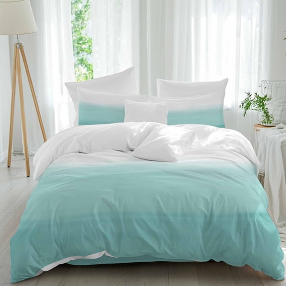 Teal Stripes Bedding Duvet Cover Set Twin Size 4 Pieces, Abstract Modern Teal White Gradient Bedding Set with Zipper Closure, 1 Comforter Cover 68x90 Inches 1 Flat Sheet & 2 Pillow Cases