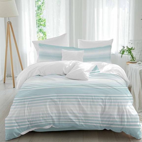 Teal Stripes Comforter Set Queen Size, Minimalist Stripe Modern Gradient Industrial Coastal Soft Bedding Set for Man Woman, 4 Pieces Duvet Cover Set with Fitted Sheet, 2 Pillowcases