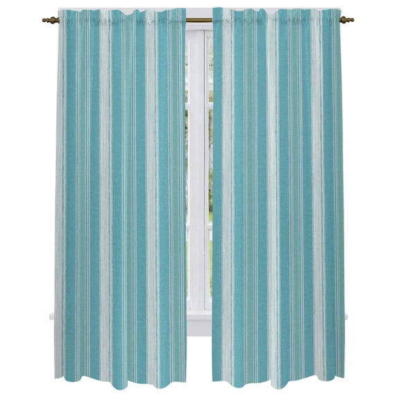 Teal Stripes Kitchen Curtain for Berdoom Living Room Cafe 72 Inch Length, Farmhouse Vertical Striped Vintage Tiers Curtains Light Filtering Drapes Rod Pocket Window Treatment 2 Panels 52"Wx72"L