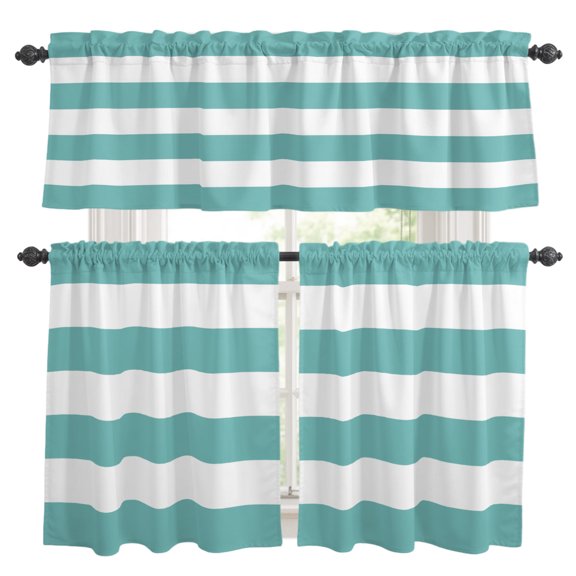 Teal Stripes Kitchen Curtains Valances 3 Piece Set, Modern Artistic Parallel Lines Rod Pocket Tier Curtain and Valance Drapes for Small Window 36 Inch Length for Bedroom Cafe