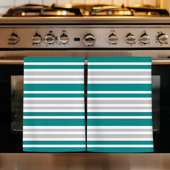 Teal Stripes Kitchen Towels Set of 2, Modern Minimalist Horizontal Ombre Lines Absorbent Dish Towels for Kitchen, Microfiber Hand Towel, Quick Drying Tea Towel for Cleaning Decorative Dishcloths