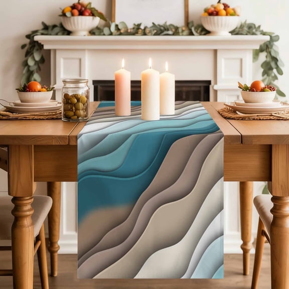Teal Stripes Ombre Water Ripple Table Runner 70 Inches Long,Kitchen Dining Tablerunners Brown Abstract Geometric Modern Art Linen Table Runners Dresser Scarves for Home Dinner Wedding Holiday Party