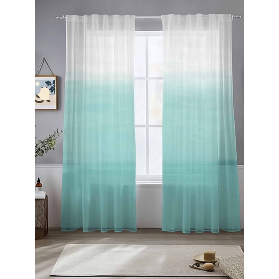 Teal Stripes Sheer Curtains 84 inches Long, Abstract Modern Teal White Gradient Light Filtering Sheer Window Curtains Rod Pocket Voile Drapes for Bedroom Living Room, 2 Panels