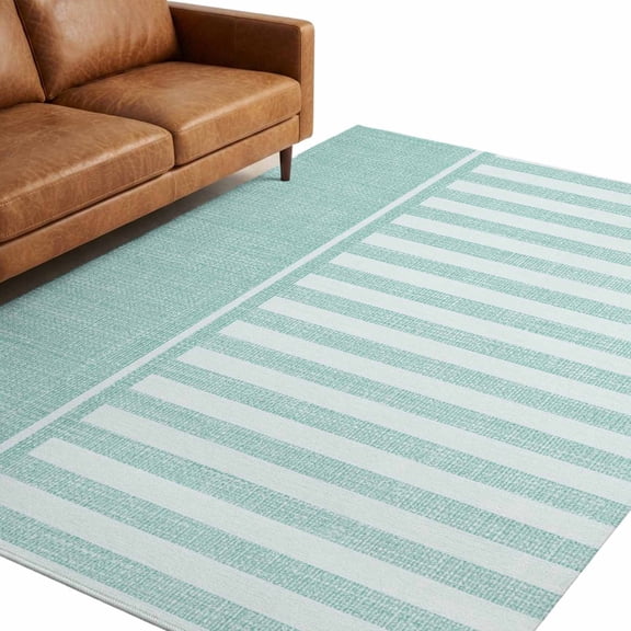 Teal Stripes Washable Area Rug 5 x 8 ft Solid Seafoam Green Linen Texture Botanical Rustic Soft Non‑Slip Rugs Stain Repellent Indoor Mats for Spacious Family Room, Long Dining‑Table, Sunroom