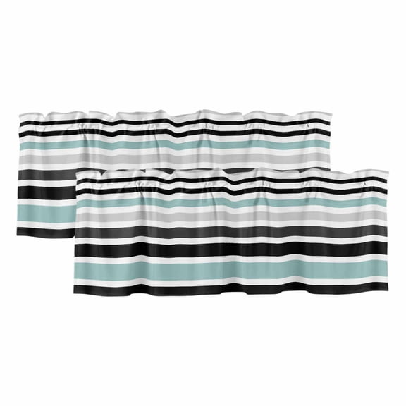 Teal Stripes Window Valance, Black Lines Striped 2 Pack Decorative Curtain for Small Windows, Light Filtering Valance with 3” Rod Pocket, 42"W x 12"L