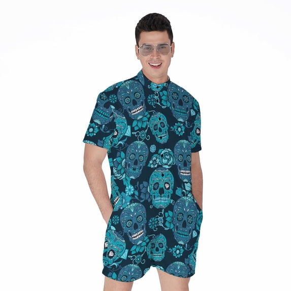 Teal Sugar Skull Flower Pattern Short Sleeve Men'S Rompers, Skull Lover Gifts Casual Summer Jumpsuits Outfit