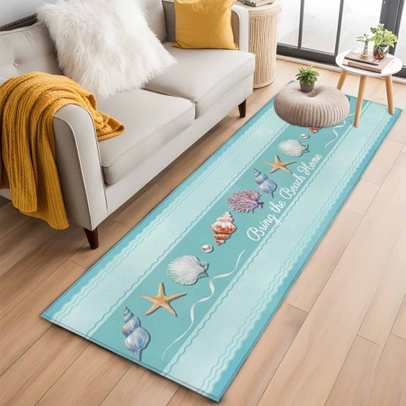Teal Summer Coastal 2'x6' Runner Rugs for Hallway Kitchen Bedside Non Slip Washable, Modern Ocean Waves Starfish Shell Entryway Rug Runners with Rubber Backing, Long Carpet Runner for Laundry Room