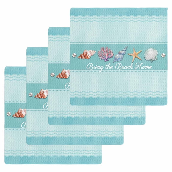 Teal Summer Coastal Kitchen Dish Towels for Drying Dishes Set of 4, Modern Ocean Waves Starfish Shell Waffle Weave Microfiber Hand Tea Bathroom Towels Quick Dry & Absorbent Towel 12x12