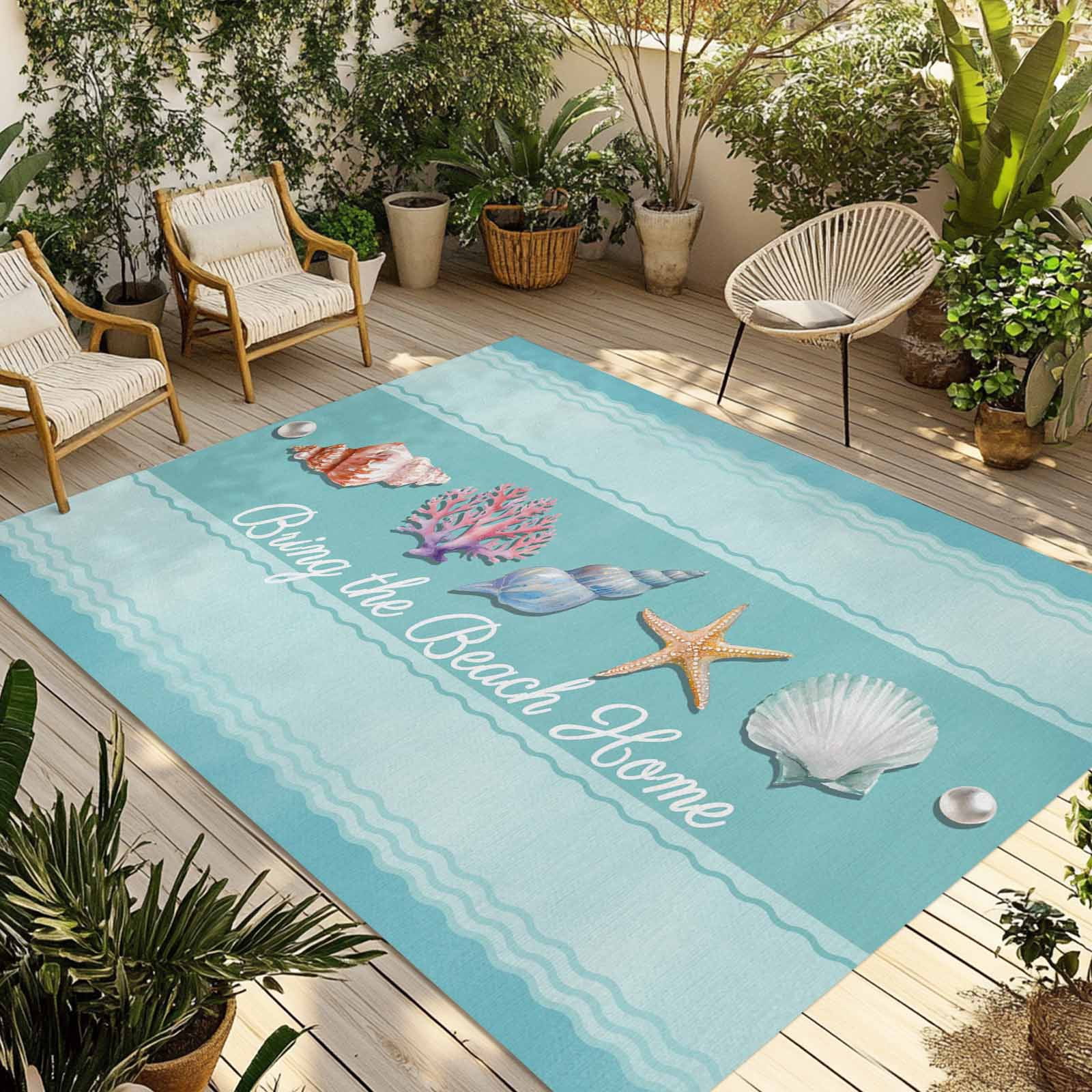 Teal Summer Coastal Outdoor Rug 3x5 Ft - Reversible Patio Rug