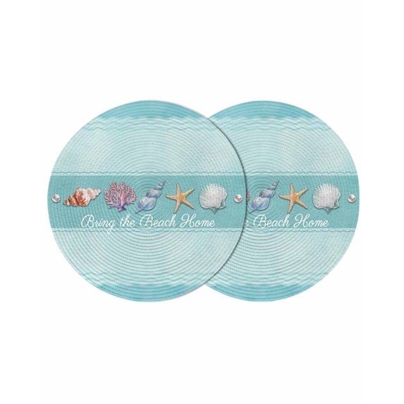 Teal Summer Coastal Round 13 Inch Placemats Set of 2, Modern Ocean Waves Starfish Shell HeatResistant Non Slip Place Mats for Dining Table, Wipeable Braided Kitchen Table Mats for Housewarming