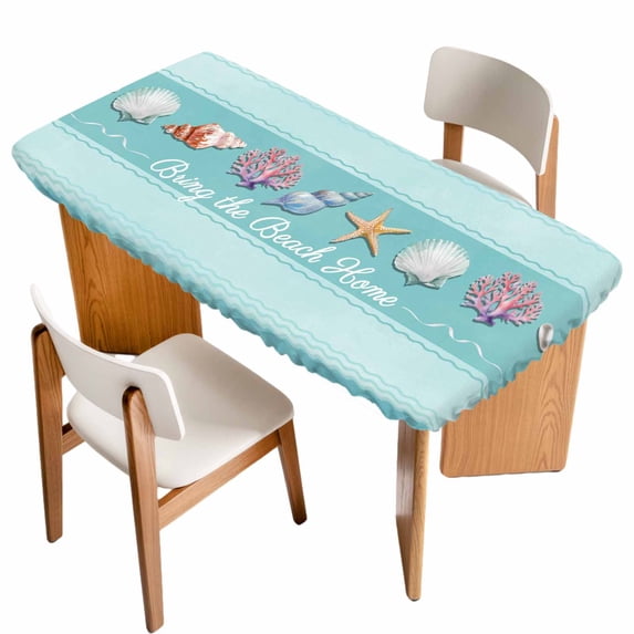 Teal Summer Coastal Table Cloths for 3 Foot Rectangle Tables, Modern Ocean Waves Starfish Shell Patio Waterproof Elastic Fitted Tablecloths, Washable Rectangular Table Cover for Camping