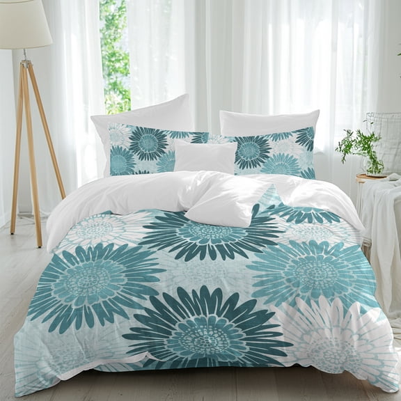 Teal Summer Floral Comforter Set Queen Size, Farmhouse Rustic Sunflower Botanical Soft Bedding Set for Man Woman, 4 Pieces Duvet Cover Set with Fitted Sheet, 2 Pillowcases