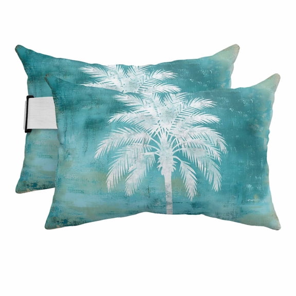 Teal Summer Palm Tree Outdoor Pillows for Chaise Lounge Chair Beach Headrest Pillow Set of 2 Waterproof Lumbar Pillows with Insert&Strap Coastal Beach Tropical Botanical Vintage Pool Pillow 12"x20"