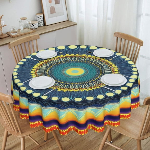 Teal Sunset Psychedelic Square Mandala Round Tablecloth Waterproof Oil Proof Spill Proof Table Cloth 70" for Camping, Dining, Indoor and Outdoor Table Cover