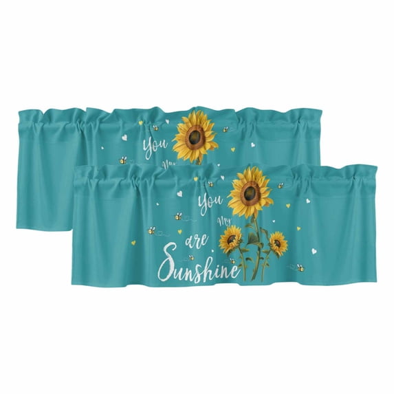 Teal Sunshine Sunflower Curtain Valances for Windows, Kitchen Valance Window Treatments Panel 2 Pack, Pastoral Bees Farmhouse Floral Rod Pocket Short Curtains for Bathroom Bedroom 42 x 12 Inch