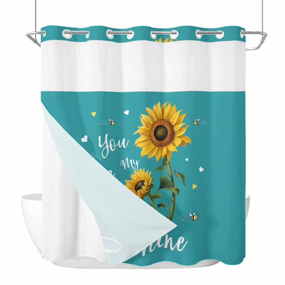 Teal Sunshine Sunflower No Hook Shower Curtain Waterproof,Bathroom Curtains with Snap in Liners and See Through Top Window,Pastoral Bees Farmhouse Floral Hotel Style Bathtub Curtains Shower 72"Wx78"L