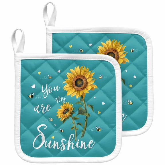 Teal Sunshine Sunflower Pot Holders for Kitchen Heatproof Potholder, 2 Pack Pastoral Bees Farmhouse Floral Hot Pads Multipurpose Oven Pads Cloth Potholders Trivet for Cooking and Baking
