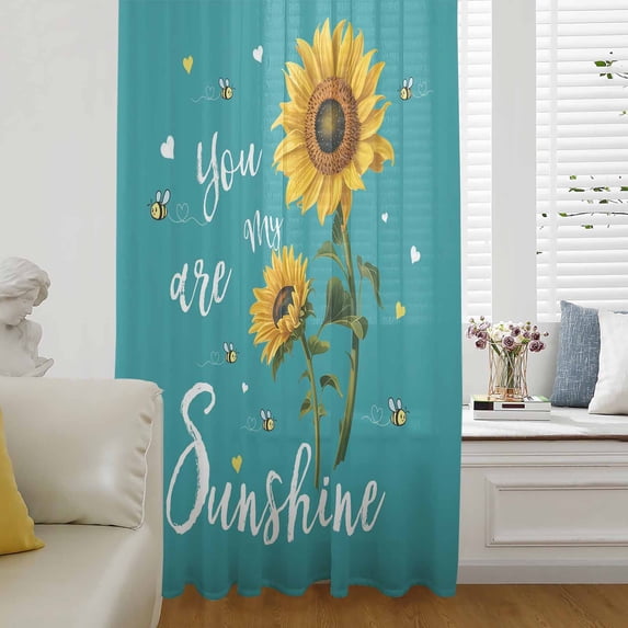 Teal Sunshine Sunflower Semi Sheer Curtains Drapes for Living Room,Bedroom,French Doors Window 54 Inches Long,Pastoral Bees Farmhouse Floral Rod Pocket Chiffon Curtain Drapery Voile Draperies Panel