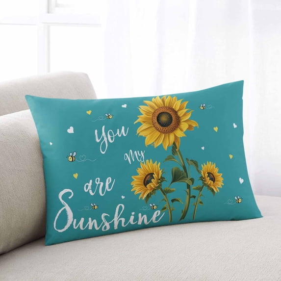 Teal Sunshine Sunflower Throw Pillow Cover, Pillowcase Protectors with Zipper, Breathable Decorative Lumbar Pillow Case Cover, Pastoral Bees Farmhouse Floral Pillow Shams for Couch Sofa 16x24Inch
