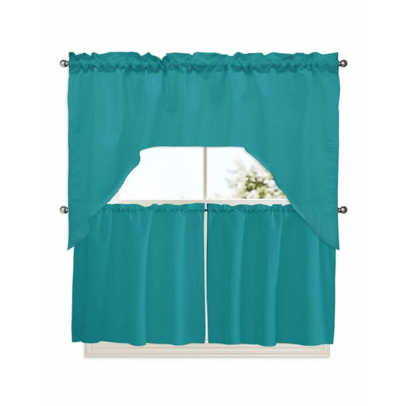 Teal Swag Valance and Tier Curtains 24'' Length Set, Turquoise Pure Teal Light Filtering Kitchen Curtains, Tier Curtain Valances for Bathroom/Living Room/Bedroom/Café