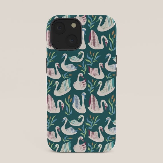 Teal Swan and Leaf Folk Pattern Tough Case for Apple iPhone, Dual-Layer ...