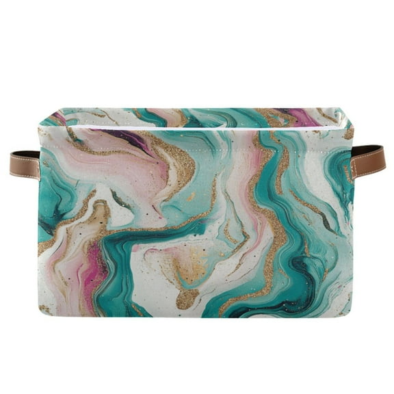 Teal Swirling Marble Pattern Foldable Storage Basket,Canvas Fabric Foldable Storage Bins with Handles Open Home Storage Bins Boxes for Toy Book Shelf Closet Baskets